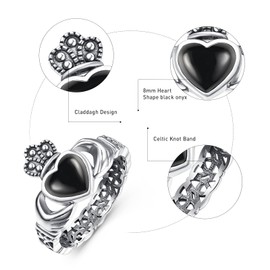 AVECON Heart Black Onyx Claddagh Rings 925 Sterling Silver Celtic Knot Rings Vintage Rings Black Onyx Rings for Women Statement Rings Irish Jewelry Gifts Fit Women Size 6