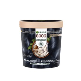 Garnier GOOD Permanent Hair Dye, 100% Grey Coverage, Ammonia-Free, Vegan Hair Colour, with Shea Butter Conditioner, Long-Lasting Glossy Colour for 8 Weeks, No-Drip Formula, 1.10 Midnight Black