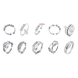 10pcs Fidget Ring Set Rotating Sliding Beads Reduce Anxiety Stylish Finger Decorative Rings Silver