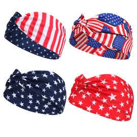 Twinfree 4th of July Headbands Red White and Blue American Flag Headband USA Patriotic Elastic Knotted Hairbands Independence Day Hair Accessory for Women and Girls 4Pcs