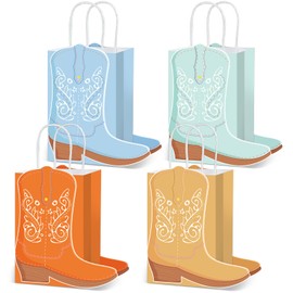 12 Pack Western Theme Party Favor Gift Bags Bulk Cowboy Cowgirl Boots Shaped Paper Bags with Handles 3D West Cowboy Goodie Bags Rodeo Boot Candy Treat Bag for Birthday Bachelorette Last Rodeo Party