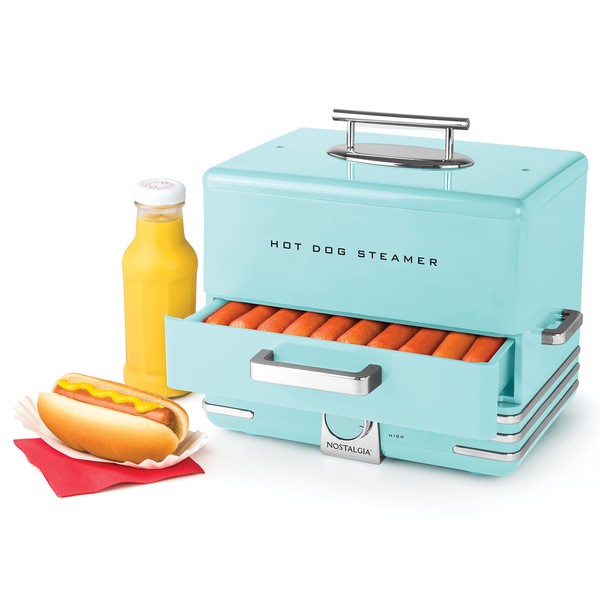 Nostalgia Extra Large Diner-Style Steamer, 20 Hot Dogs and 6 Bun Capacity, Perfect for Breakfast Sausages, Brats, Vegetables, Fish, Aqua