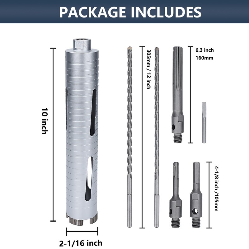 2-1/16 inch Diamond Dry Core Drill Bit, 10" Drilling Depth,