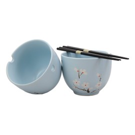 Ebros Ceramic Japanese Sakura Cherry Blossoms Sky Blue Ramen Udong Noodles Bowls and Chopsticks Set of 2 for Asian Dining Soup Rice Pasta Salad Collection of Bowl Decor Home Kitchen