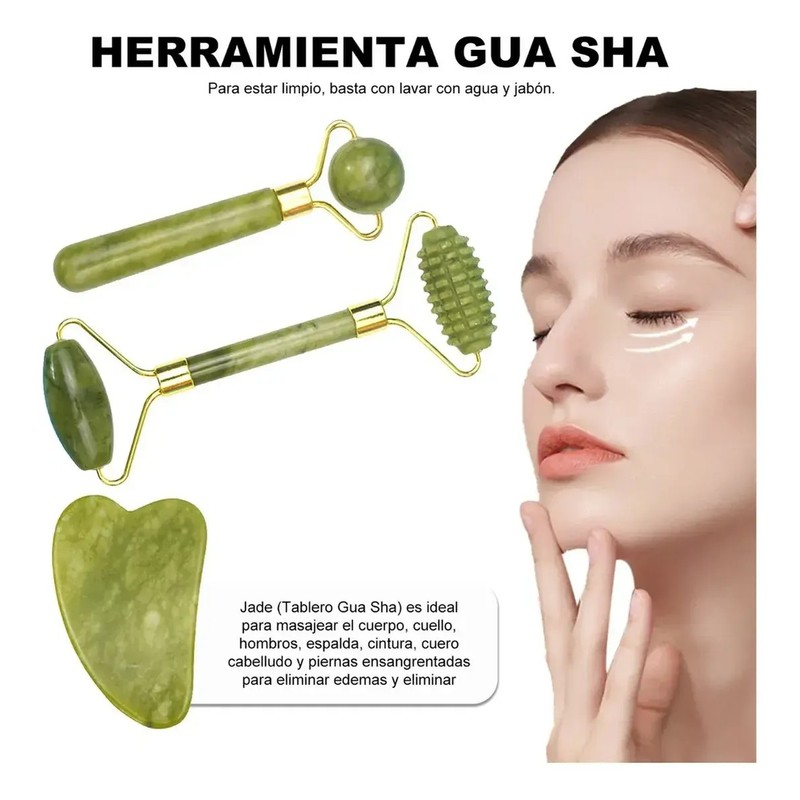 3pcs Rodillo De Masaje Facial De Jade Gua Sha Rejuvenece