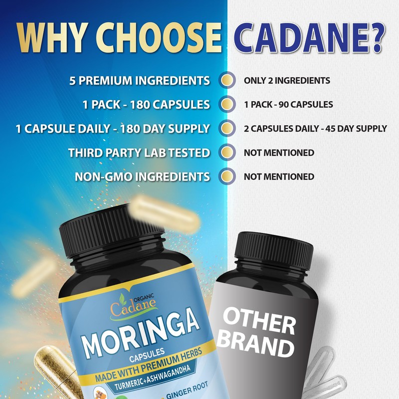 Cadane Moringa Extract Capsules, 6 Months Supply with Ashwagandha Root,