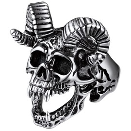 FaithHeart Goat Skull Signet Ring for Men, Punk Satanic Goat Skull Ring in Size 54 to 72, Signet Ring with Gift Box for Valentine's Day, Christmas, Metal, No Gemstone