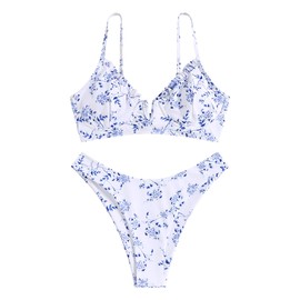 ZAFUL Women's Underwire Bikini Floral High Cut Bikini Set V-Wired Two Piece Swimsuit Bathing Suit(2-A-White,M)