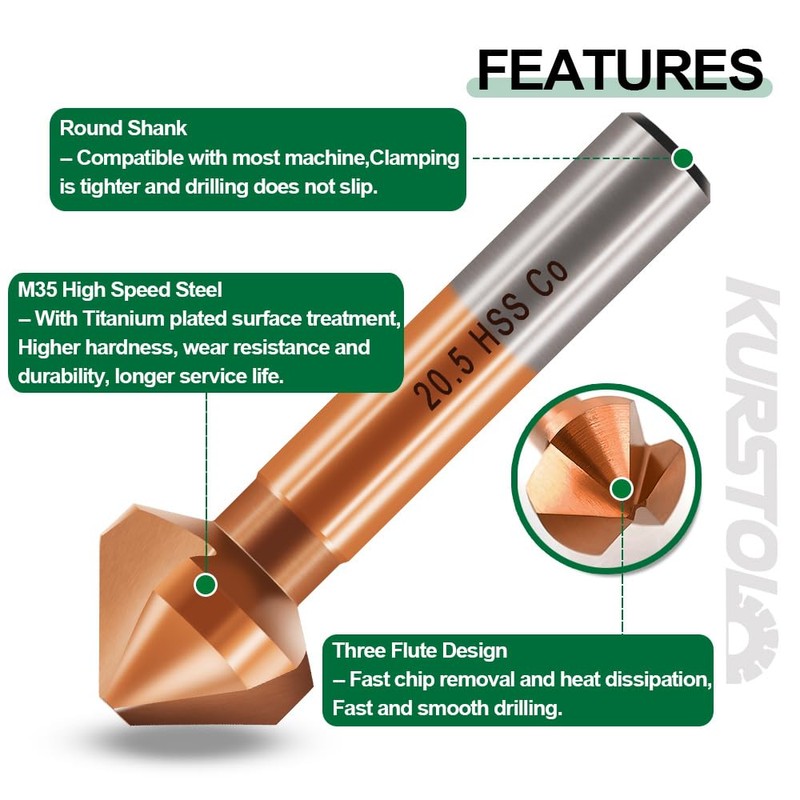 KURSTOL Countersunk Drill Bit Set - M35 HSS Cobalt Coated