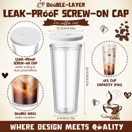 Honeydak 4 Pack Reusable Iced Coffee Cups with Lids and Straws Leakproof Double Wall Insulated Clear Plastic Iced Coffee Tumblers with Straw Brushes (24oz,White)