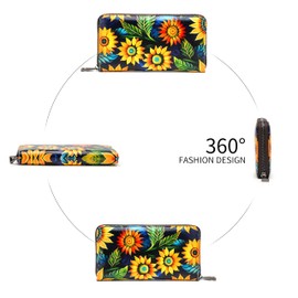 ANFUMAN Womens Wallet RFID Credit Card Holder Travel Leather Zipper Wallets for Women Multiple Sunflowers