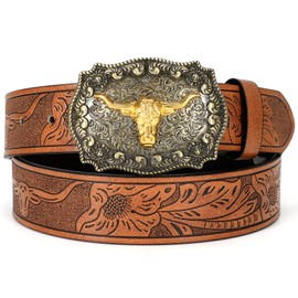 WOWOGO Women Men Western Belts Cowboy Cowgirl Country Belt Longhorn Bull Buckle Floral Embossed Belt for Jeans Dresses