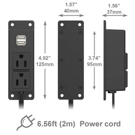 Power Strip with USB Ports, Wall Mounted Power Strip Flat Plug, 2AC Outlet 2 USB, 6.56 Feet Extension Cord for Desktop Desk Conference Table Cabinet Workbench
