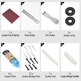 25PCS Acoustic Guitar Accessories Kit, PogoLab Guitar Tool Changing Kit Including Bridge Pins, Bridge Saddle and Nut, Pin Puller, Strap Locks, Picks, Sand Paper for Acoustic Guitar