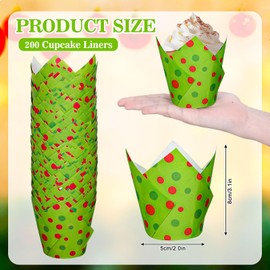 JarThenaAMCS 200Pcs Christmas Tulip Cupcake Liners Red Green Dots Muffin Tulip Baking Cups Xmas Tulip Cupcake Wrappers for Holiday Party Supplies