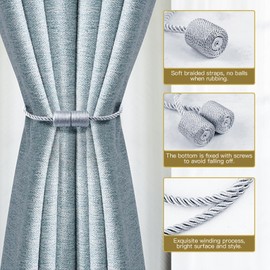 Milaloko 6-Pack Strong Magnetic Curtain Tiebacks with Thicker Twist Rope Decorative Tie Backs Holdbacks for Curtains Window Curtain, Grey