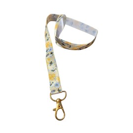 Flower and Bees Print Ribbon Lanyard – 1" Grosgrain Neck Strap with Lobster Clasp – Floral Badge Holder or Keychain – Individual or Bundle Pack (2cm Wide Satin Bees & Honey)