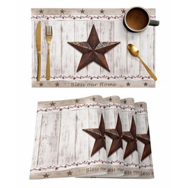 Bless This Home Placemats Set of 6, Barn Stars Wood Grain Cotton Linen Table Mats Non-Slip Washable Fourth of July Print Placemat for Holiday Banquet Dining Kitchen Table Decor