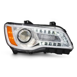 AKKON - Fits 2011-2014 Chrysler 300 Sedan Models LED Light Bar [Halogen Type] Projector Chrome Bezel Headlight Passenger Right