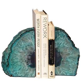 AMOYSTONE - Sujetalibros de geoda de ágata, Resistentes, con topes de Goma, Decorativos, Ideales para la decoración del hogar y Oficina, Color Verde Azulado, 1 par, 0.91 a 1.36 kg