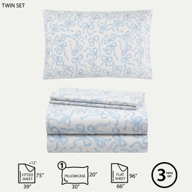 Urban Lifestyle 3-Piece Twin Sheet Set,Baby Blue Coquette Bow Design, Includes Top Sheet, Fitted Sheet & Pillowcase, Soft and Stylish Bedding for Kids or Teen Bedroom