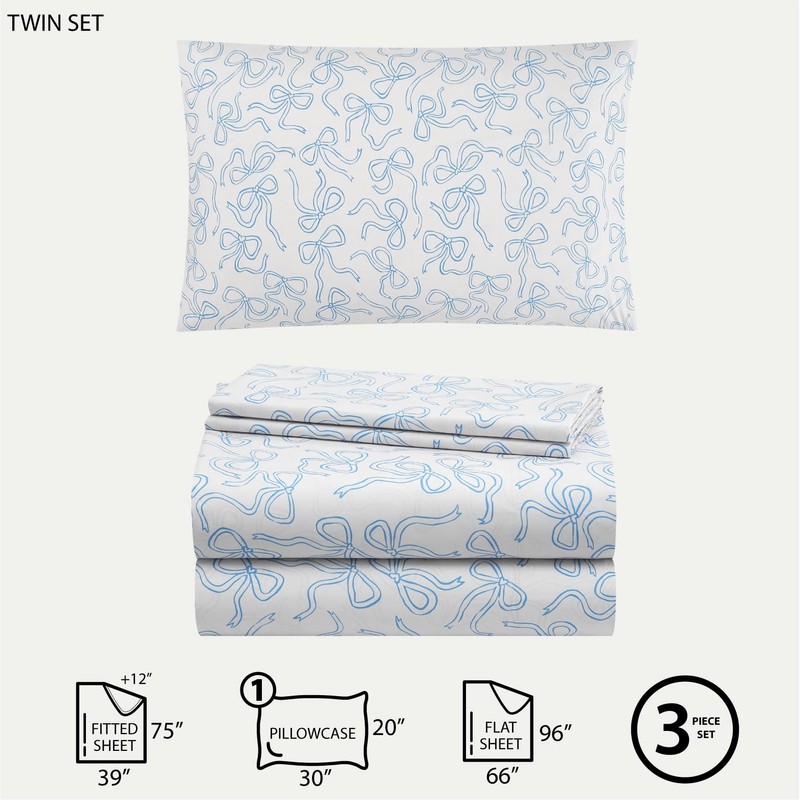 Urban Lifestyle 3-Piece Twin Sheet Set,Baby Blue Coquette Bow Design,