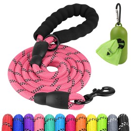 Joytale 6/5/4 FT Leashes for Large Medium Breed Dogs, Heavy Duty Nylon Braided Rope Dog Leash, Comfortable Padded Handle Strong Leashes with Poop Bags and Dispenser, Pink, 5'×1/2''
