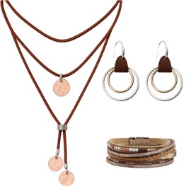 SyhirNmly 3Pcs Western Boho Jewelry Sets for Women Bohemian,Vintage Long Boho Necklace,Faux Leather Layered Bracelet,Dangle Earrings,Cowgirl Jewelry for Western Boho Party Gifts