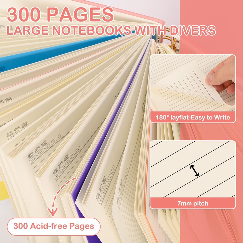FREBLASO 5 Subject Notebook with Removable Dividers Tabs, 300 Pages