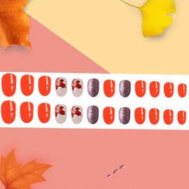 Fall Maple Leaves Press on Nails Short Oval Thanksgiving False Nails Glitter Powder Design Almond Stick on Nails Full Cover Glossy Acrylic Nails Autumn Glue on Nails for Women Festival Nails