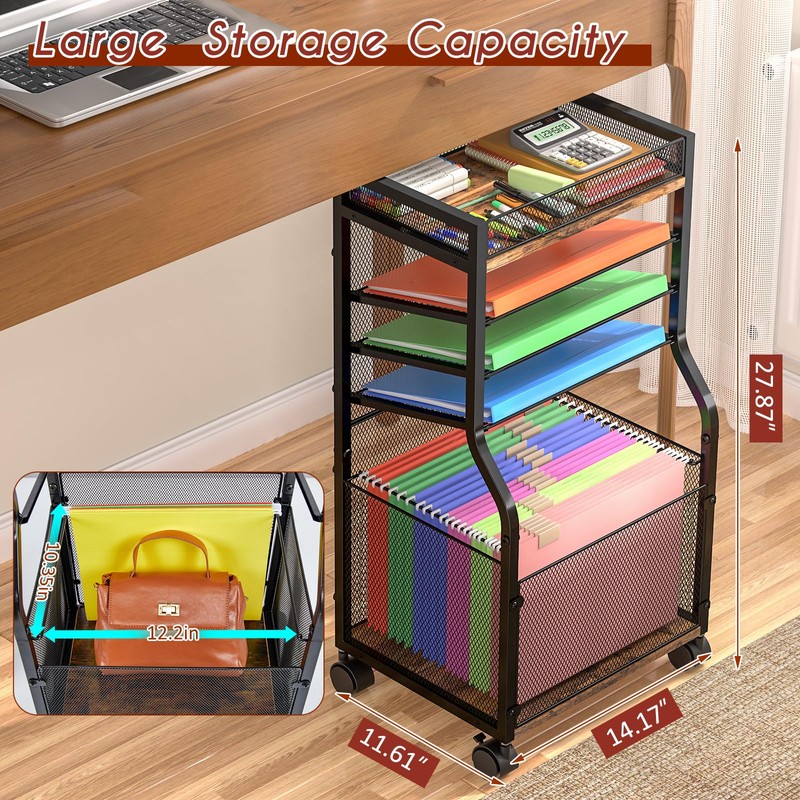 3IngSeagulls 5-Tier Rolling File Cart with Hanging File Folders, Mobile