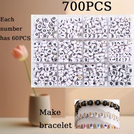 Srechee 700+Pcs Acrylic Number Beads in 12 Grid Box White 4x7mm Round Beads 0 to 9 Loose Beads or Name Bracelets Necklaces Key Chains DIY Jewelry Making