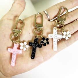 SWJEWEL 3pcs Plastic Glitter Cross Keychain Set for Women Flower Keychain White Pink Black Pack Car Keys Ring Accessories Clip Handbag Purse Backpack Pendant Charms LILYCROSS-BWP