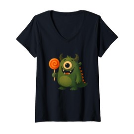 Womens Cute Cyclops Monster with Lollipop V-Neck T-Shirt