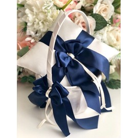 Navy Flower Girls Basket, Flower Girl Gift, Navy Blue Basket, flower girl bag, twig basket, small basket wedding flower girl proposal (White, 1 Pillow)