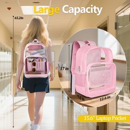 BrillaraSymn Heavy Duty Clear Backpack, Sturdy Fabric Clear Bookbag for School, Transparent PVC & Oxford Backpacks with Privacy Pocket for College Work Travel Security, Pink
