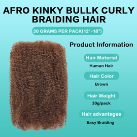 Humistwbiu Afro Kinkys Bulk Human Hair for Dreadlocks Extensions 30g/Pack Repair Locs/Twists/Braids 4C Afro Kinky Curly Human Hair Brown 18 Inch 30#