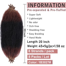 20 Inch 3 Tones Pre-Separated Springy Afro Twist Hair 8 Packs Spring Twist Hair For Distressed Soft Locs Marley Twist Ombre Brown Braiding Hair Synthetic Hair For Black Women (8 Strands/Pack,1B3027#)