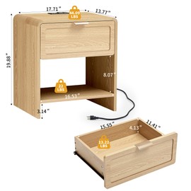 LEVNARY Nightstand with Charging Station, Mid-Century Modern Bedside Table with Curved Top Corners and Storage Drawer, Wooden End Table for Farmhouse Bedroom Living Room (1, Natural)