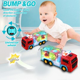 Light Up Sensory Car Toy for Kids,Transparent Gear Fire Truck Toy with Colorful Moving Gears Music and Lights Effects,Educational Tummy Time Toys for Boys and Girls