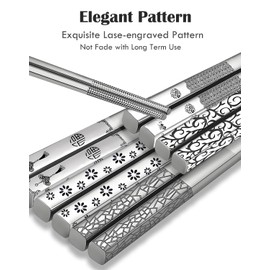 Metal Chopsticks 5 Pairs Stainless Steel Chopsticks Reusable Dishwasher Safe Square Lightweight Non-Slip Chop Sticks Gift Set(Mixed Pattern Style 2)