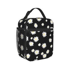 WJLKSJD Black Flower Daisy Lunch Bag for Women Teen Girls, Reusable Leakproof Cooler Insulated Lunch Box Bag for Office Work Picnic Beach