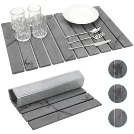 PIREKZUNT Large Stone Dish Drying Mats for Kitchen Counter, 24"(L)×16"(W) Collapsible Quick Dry Diatomaceous Earth Dish Drying Mat, Foldable and Absorbent Mat for Dishes Bottles Cups(Gray Marble)