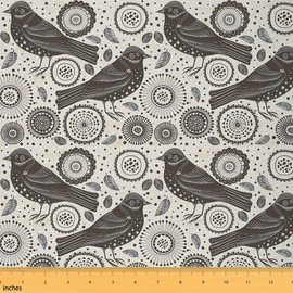 Bird Upholstery Fabric by The Yard, Retro Style Flower Circle Pattern for Chairs, DIY Projects, 3 Yards, Gray