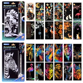DESINIK Scratch Card Art Bookmark Kit for Adults - DIY Creative Scratch Painting Bookmarks with Card Crafting Tools, Stress Relief Art Supplies for Reading, Journaling(24 Sheets) (Animal Series I)