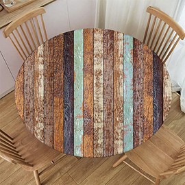 Fitted Round Waterproof Tablecloth Elastic Edge Table Cover Home Decorative Wooden Texture Tablecloth for Indoor Outdoor Picnic, Patio, Party Fit for 28.2"-32.1" Table