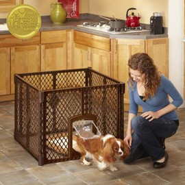 North States MyPet Petyard Passage: 4 panel pet enclosure with lockable pet door. Freestanding. 7 sq. ft to 34.4 sq. ft. (26" tall, Brown)