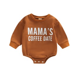 YINGISFITM Newborn Baby Girl Boy Fall Clothes Crewneck Sweatshirt Romper Letter Print Sweater Shirts Cute Outfit (Mama's Coffee Date Caramel, 3-6 Months)