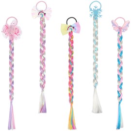 5 Pcs Colored Braids Hair Extensions, Rainbow Braided Hairpieces with Rubber Bands, Cute Ponytail Bows for Women & Kids, Cosplay Accessories for Birthday Parties & Daily Dress Up