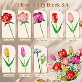 Flower Bouquet Building Set, Rose Tulips Flower Bouquet Building Kit, Roses Artificial Flowers Botanical Collection for Adults Kids, Valentine Christmas